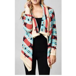 Kate Collection Colorful Aztec Print Open Asymmetrical‎ Cardigan Sweater Size M